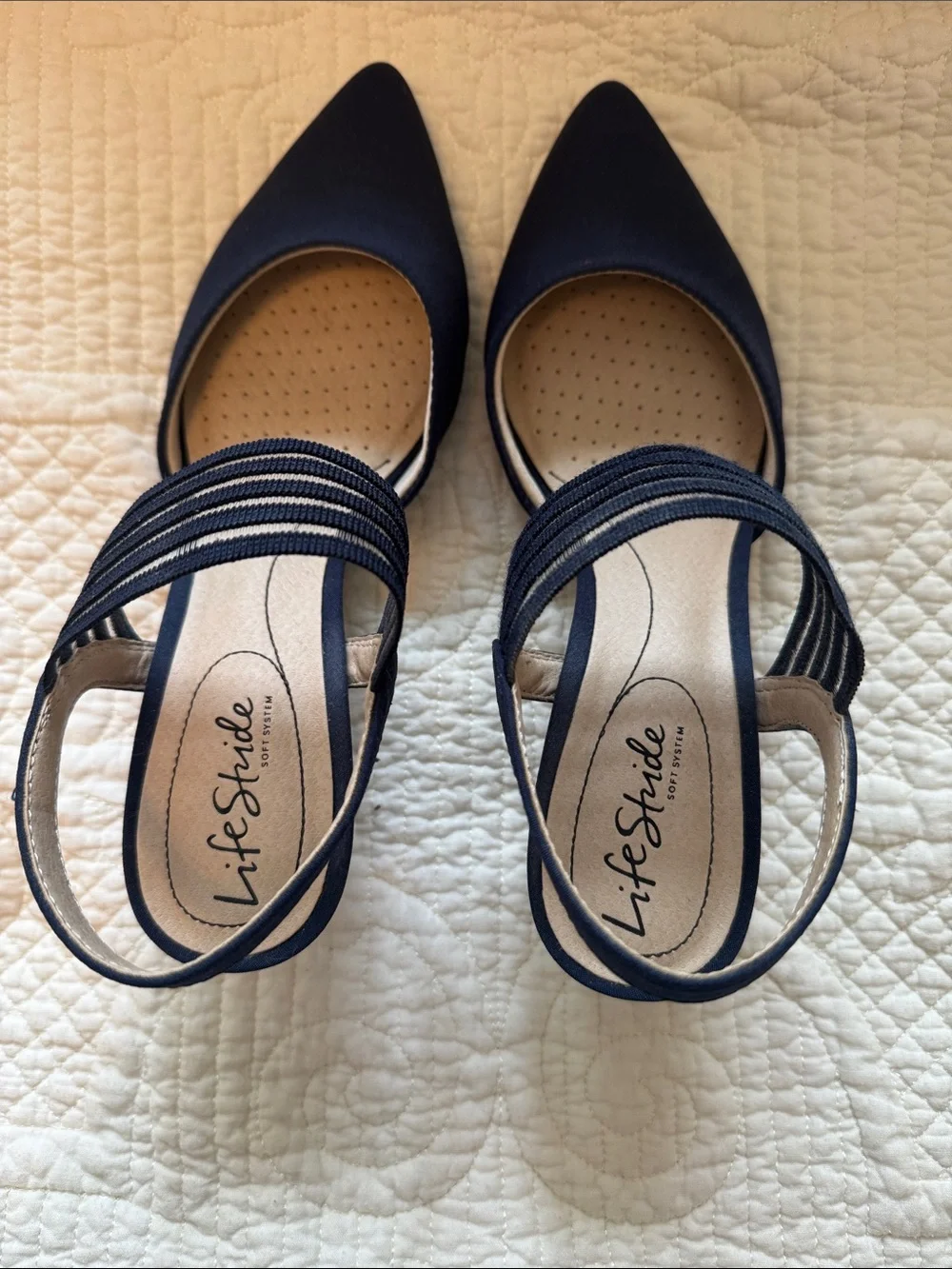 Life Stride Navy Pointed Slingback Pumps with Strappy Ankle